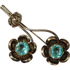 Mid-Century Silver-Tone Double Flower Brooch with Aqua Glass Centers, 1950s
