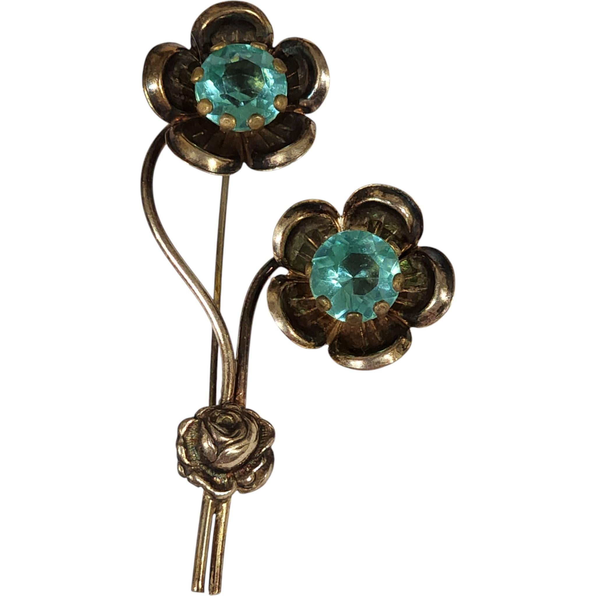 Mid-Century Silver-Tone Double Flower Brooch with Aqua Glass Centers, 1950s