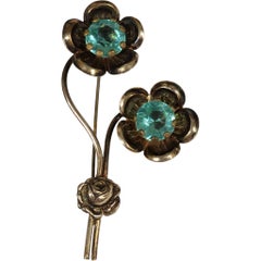 Mid-Century Silver-Tone Double Flower Brooch with Aqua Glass Centers, 1950s