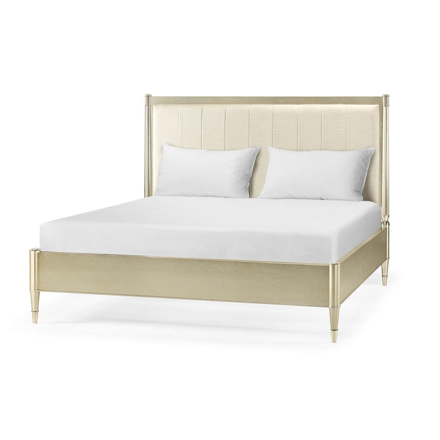 Mid century silvered canopy king size bed with an upholstered headboard and stainless steel and metal frame.

Dimensions: 82 1/4