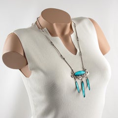 Vintage Silvered Necklace with Blue Poured Glass and Silver Foil Drops