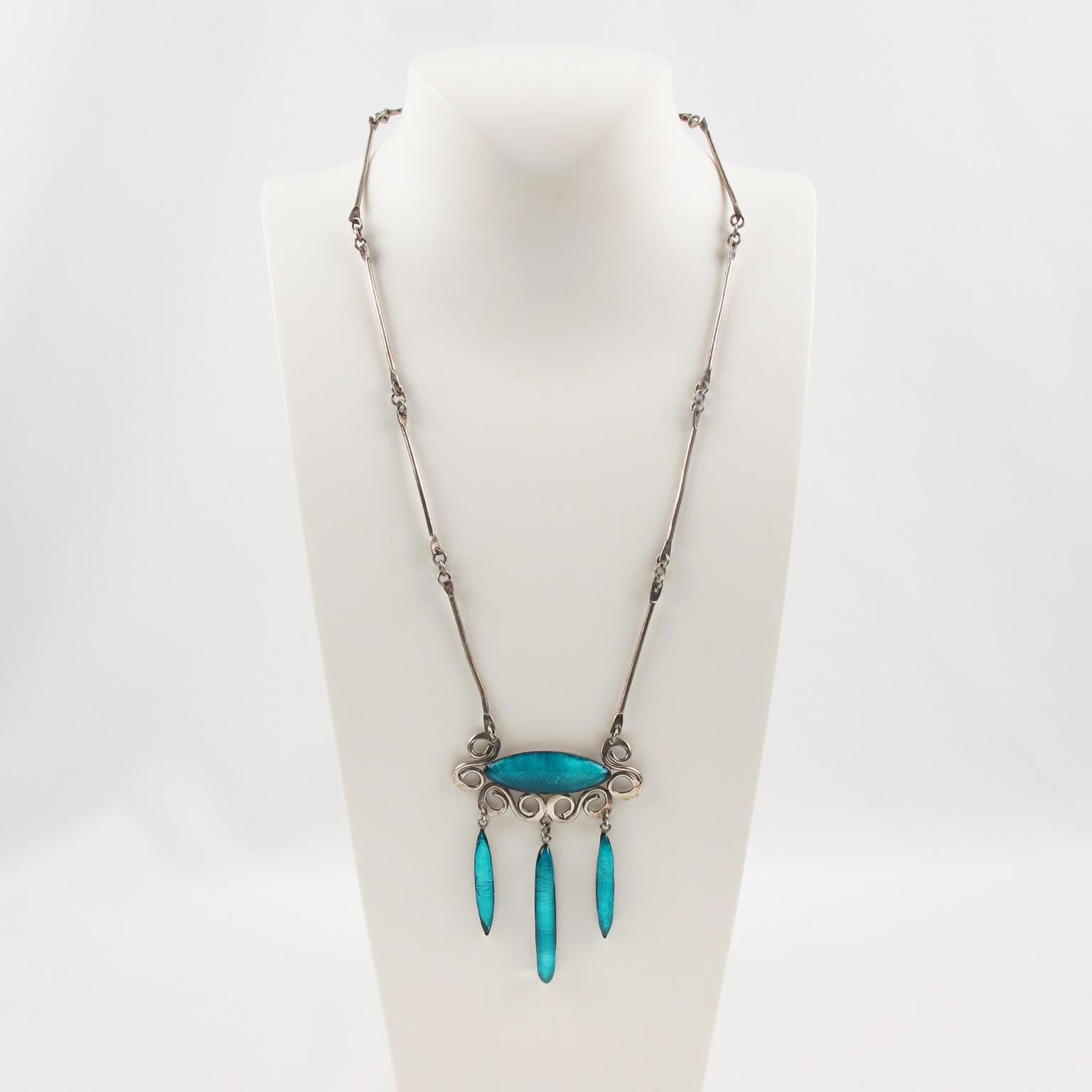 Modernist Mid-Century Silvered Metal Necklace with Electric Blue Poured Glass Pendant For Sale