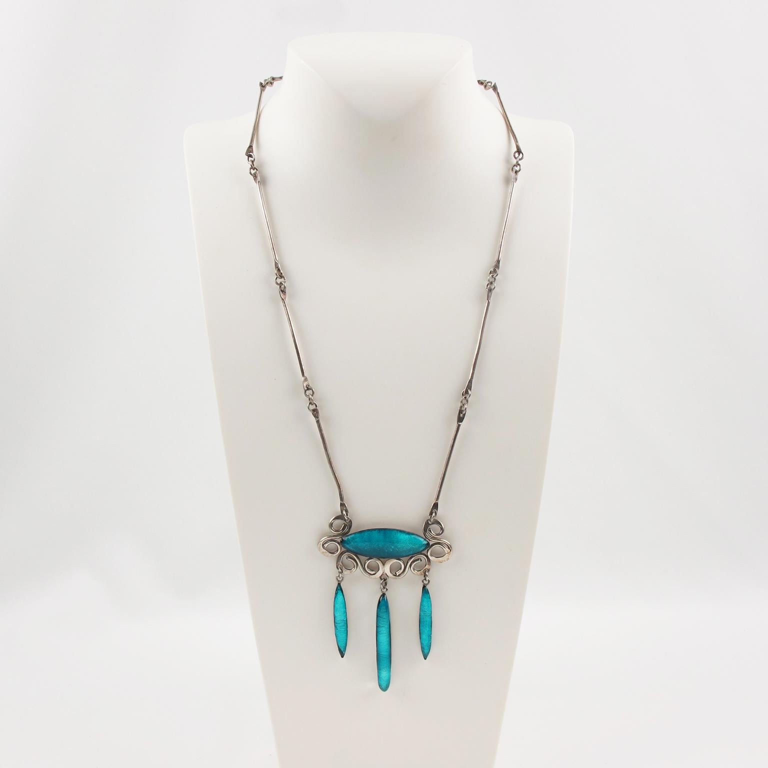 Modernist Vintage Silvered Necklace with Blue Poured Glass and Silver Foil Drops