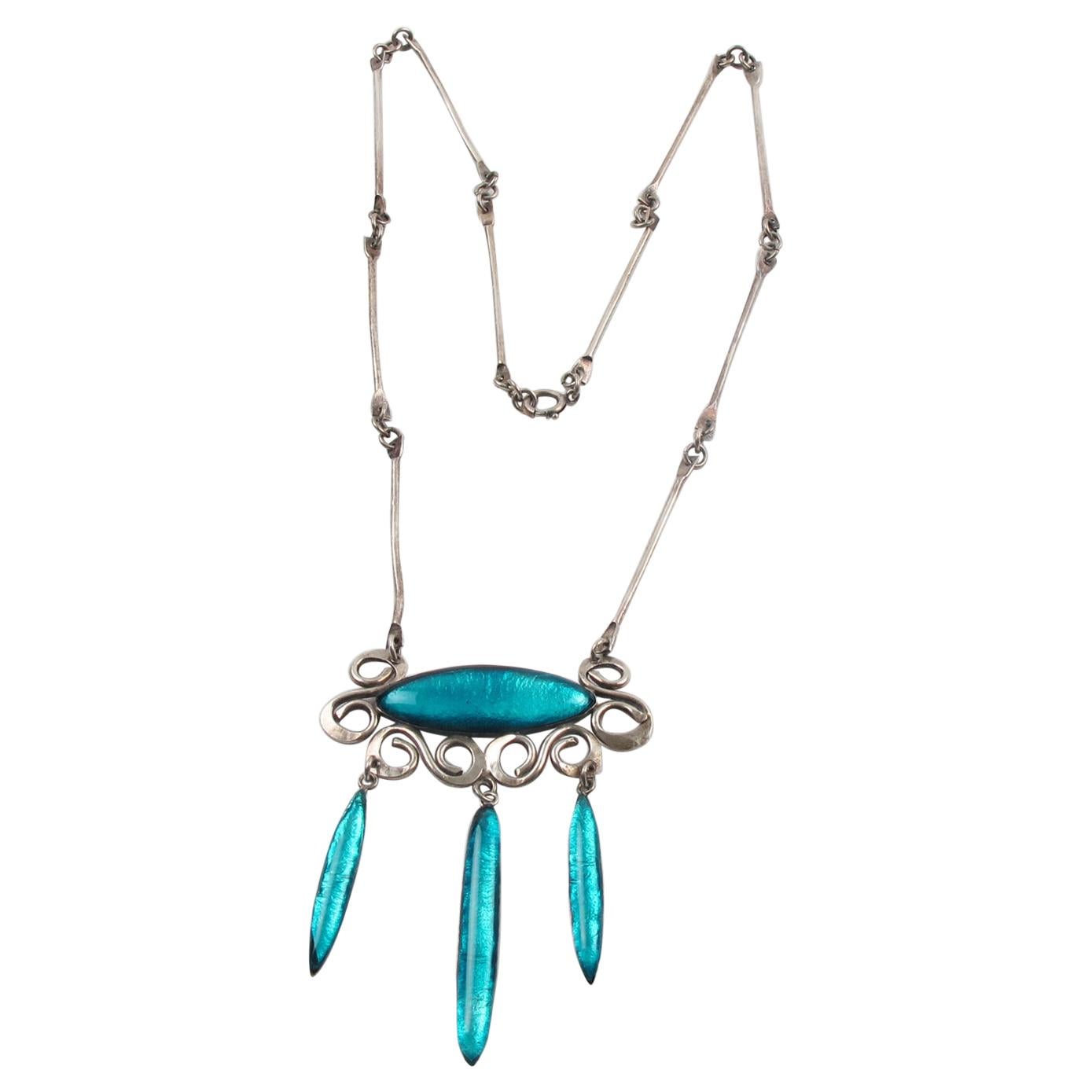 Vintage Silvered Necklace with Blue Poured Glass and Silver Foil Drops In Good Condition In Atlanta, GA