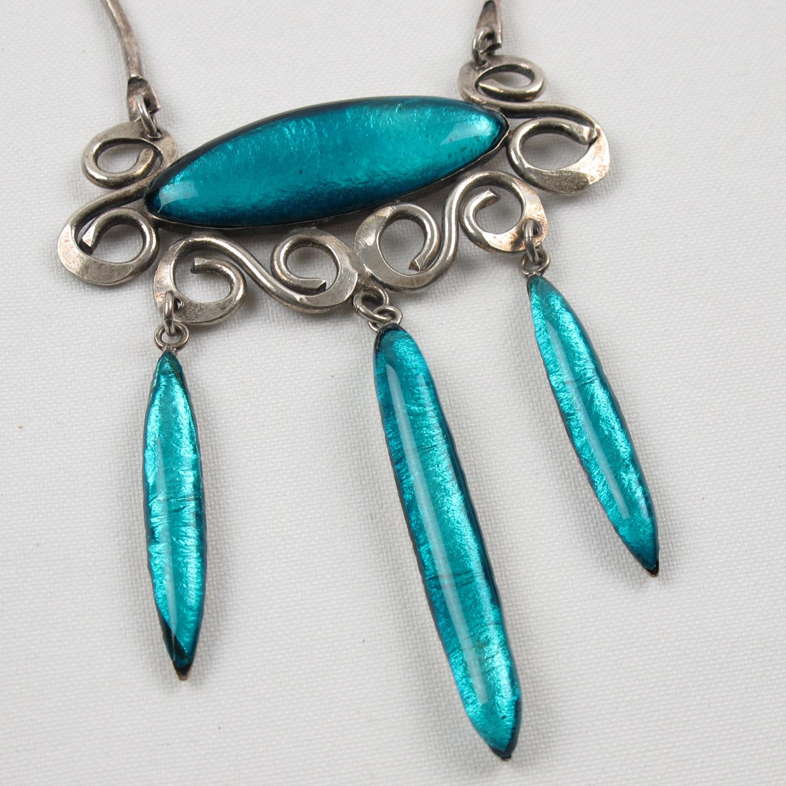 Women's or Men's Vintage Silvered Necklace with Blue Poured Glass and Silver Foil Drops