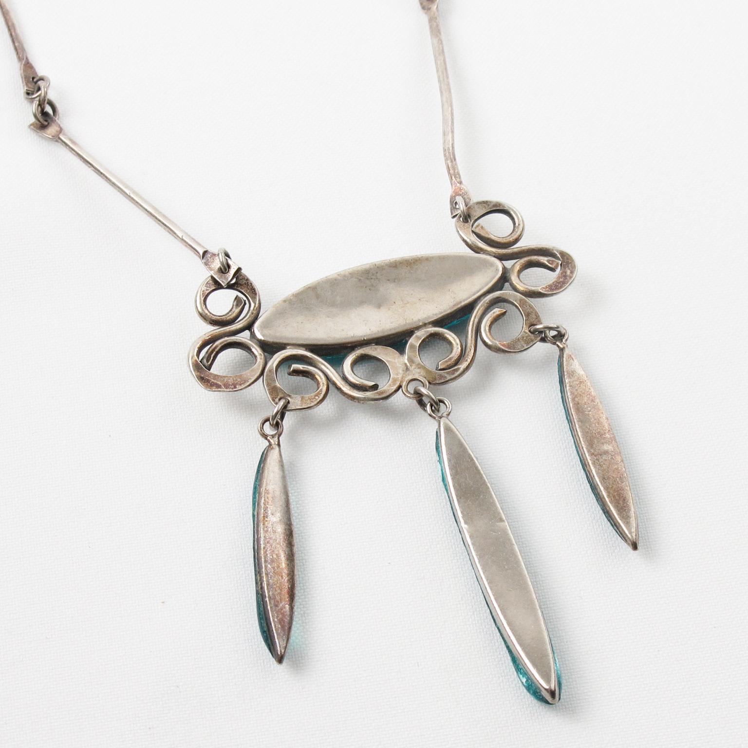 Vintage Silvered Necklace with Blue Poured Glass and Silver Foil Drops 2