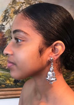 Mid-Century Silvertone Metal Buddha Dangling Screw-Back Earrings