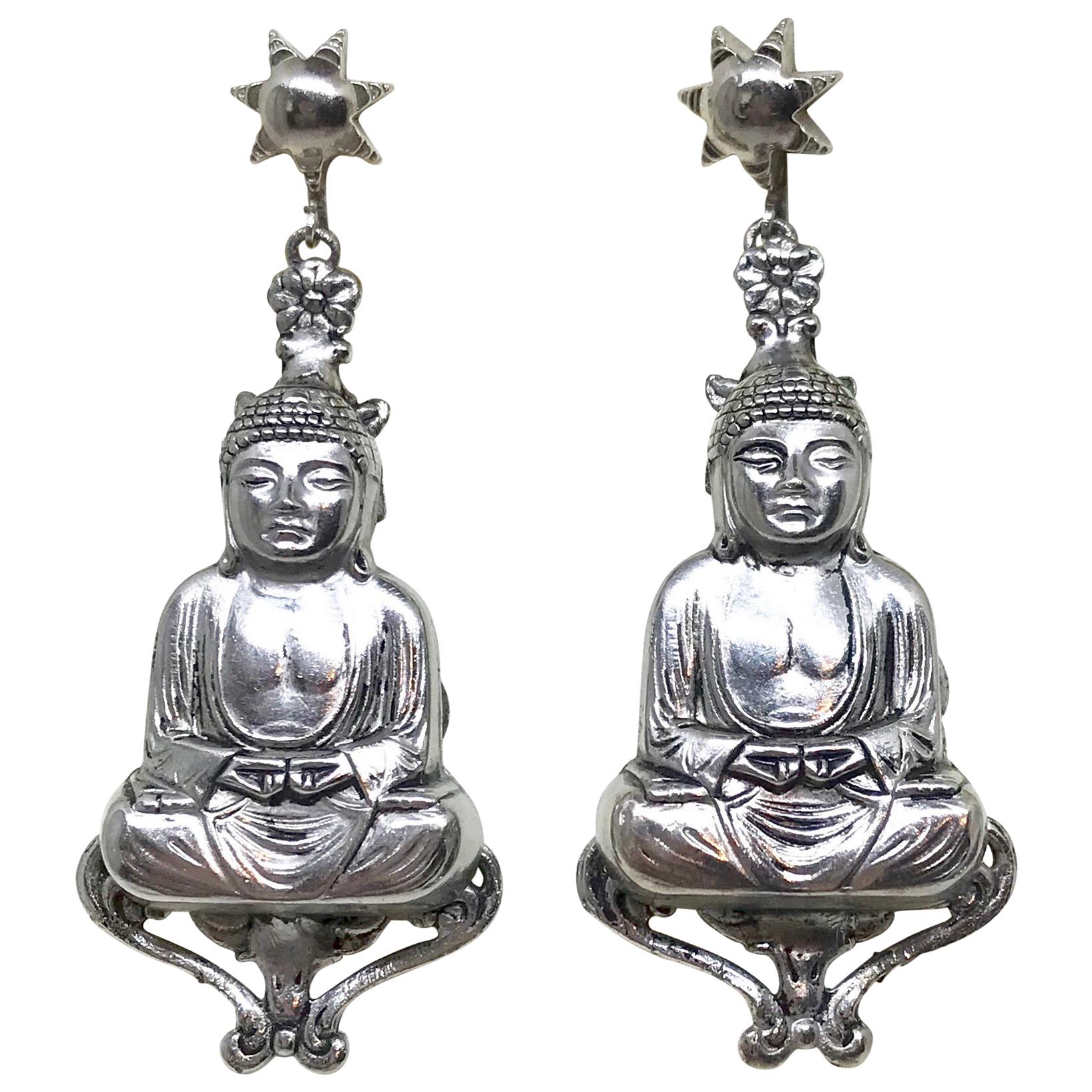 Mid-Century Silvertone Metal Buddha Dangling Screw-Back Earrings For Sale