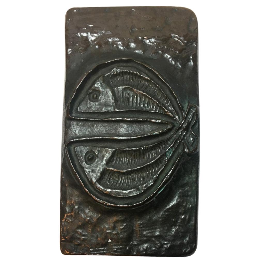 Midcentury Single Two Fish Bronze Front Door Handle For Sale