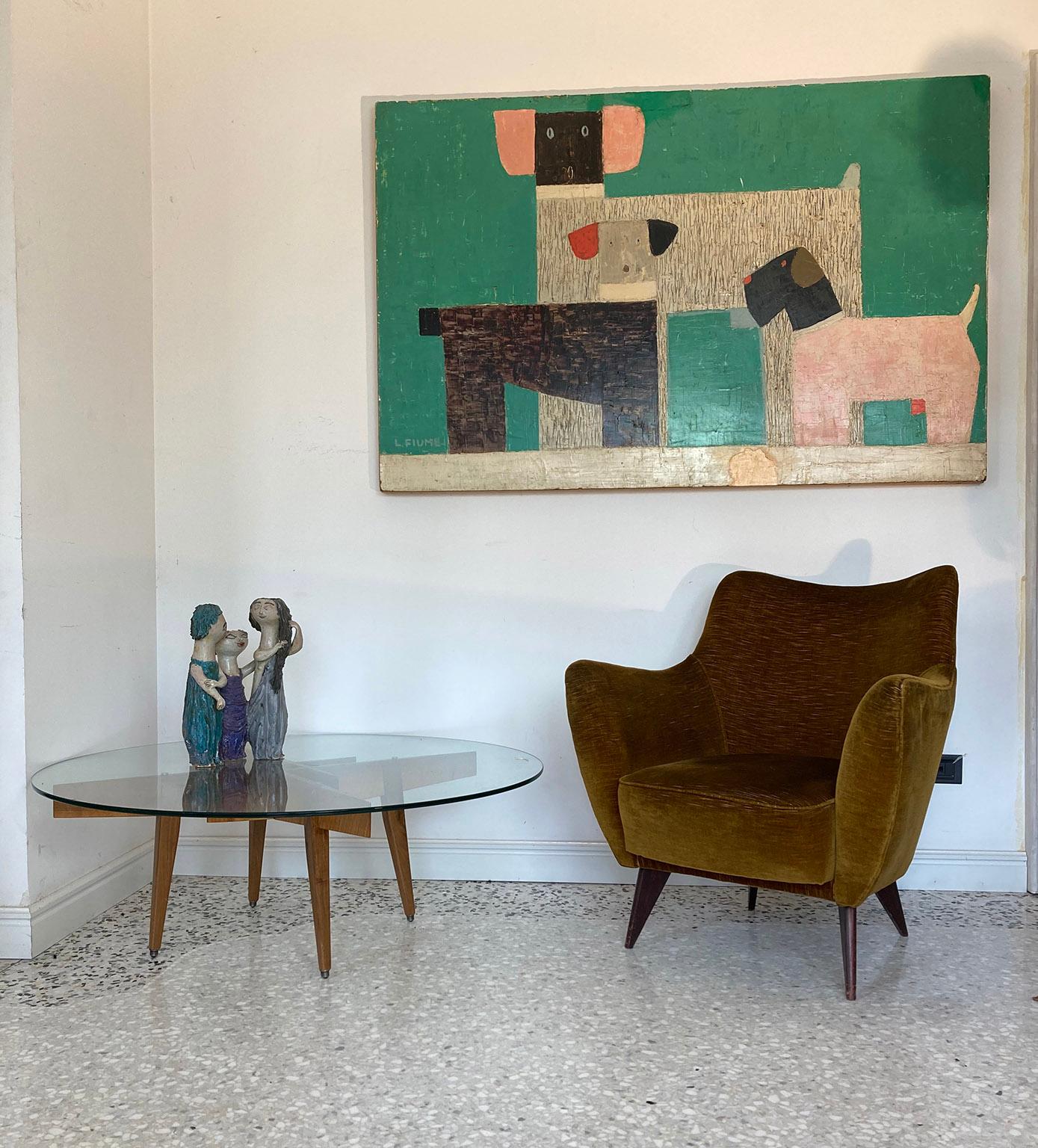 Single ‘Perla’ bronze colour velvet armchair,
 designed by Giulia Veronesi in 1950s for ISA manufacturer. 
Its sensual curves and the elegantly tapered particular wood legs together with pronounced hips characterize this model of Armchair named “