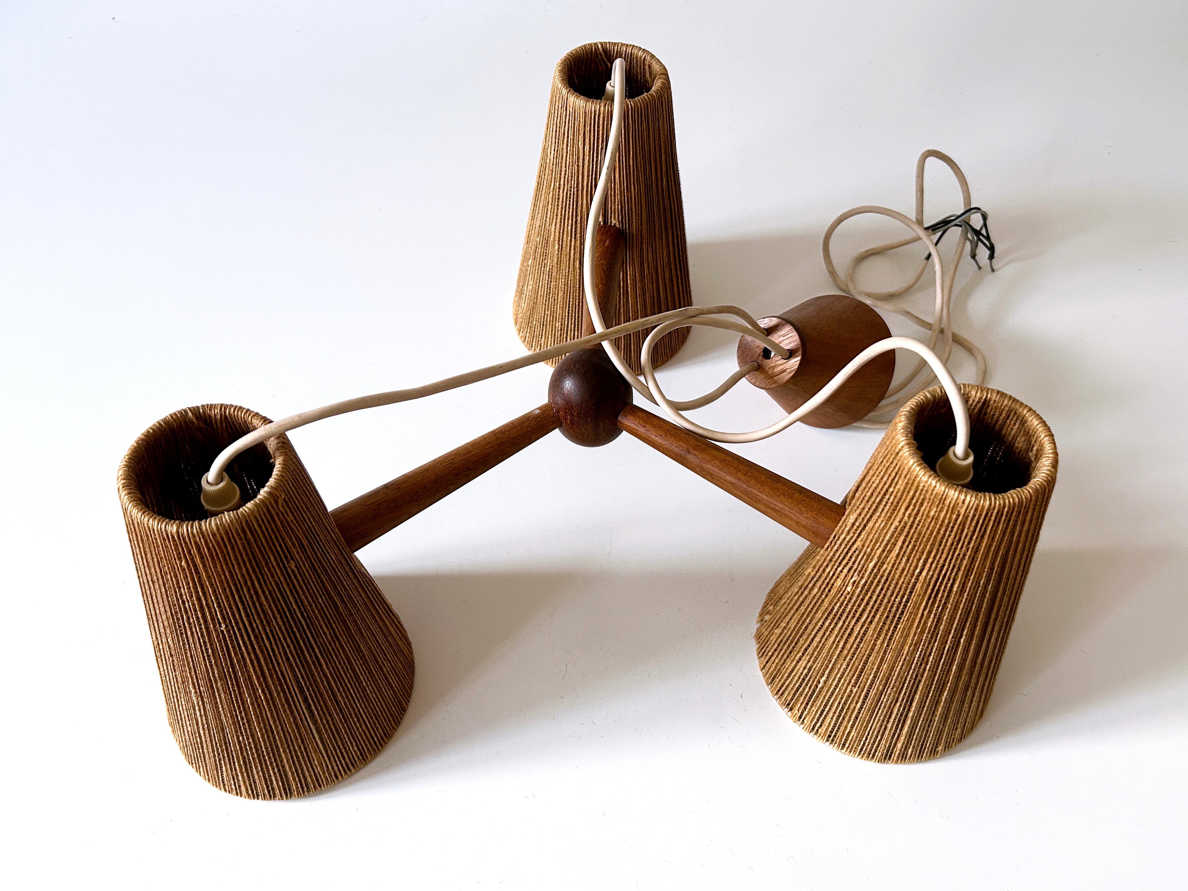 Lampe suspendue ou lustre en sisal et teck du milieu du siècle par Temde Switzerland 1960s en vente 9
