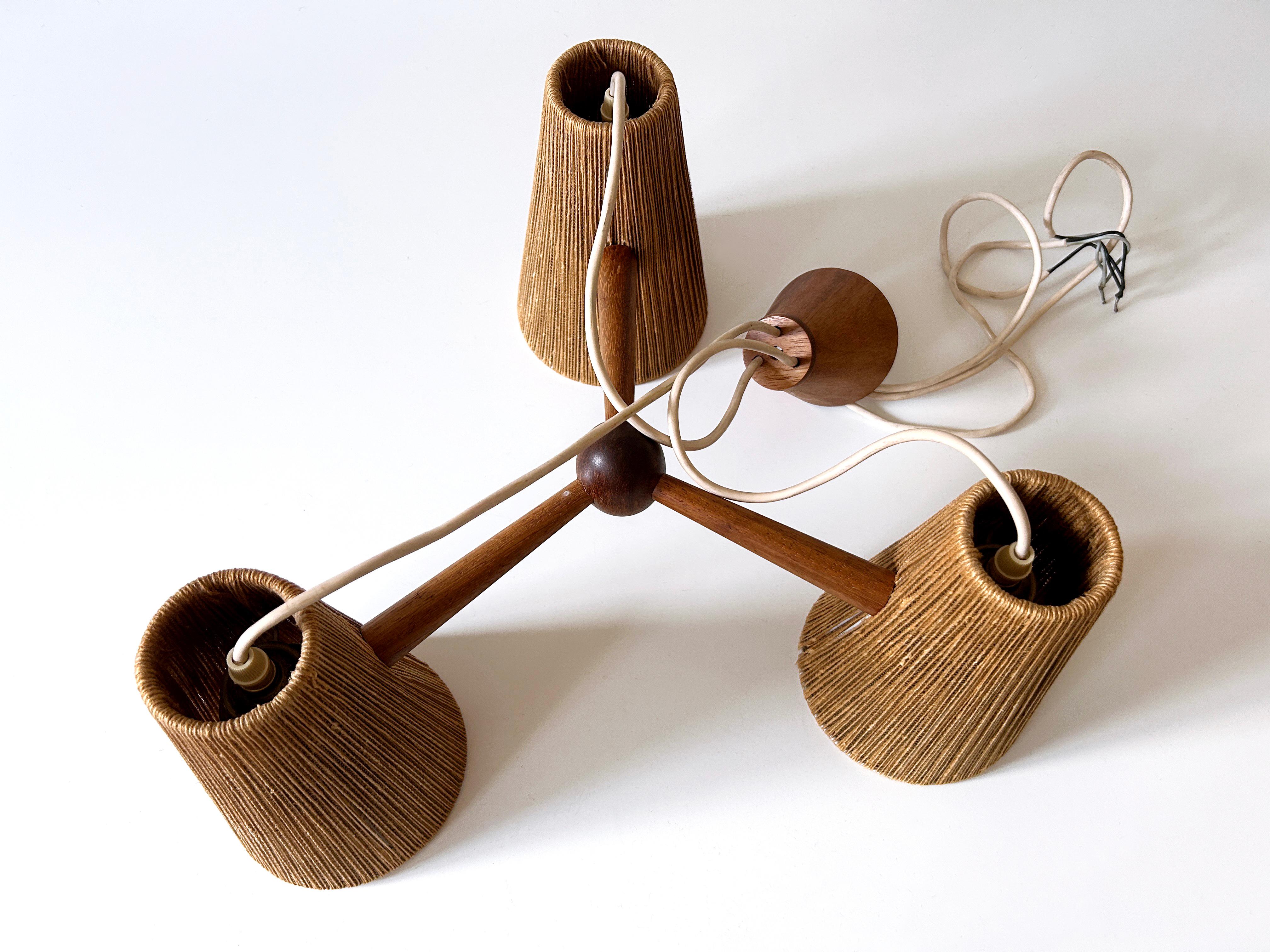 Lampe suspendue ou lustre en sisal et teck du milieu du siècle par Temde Switzerland 1960s en vente 10
