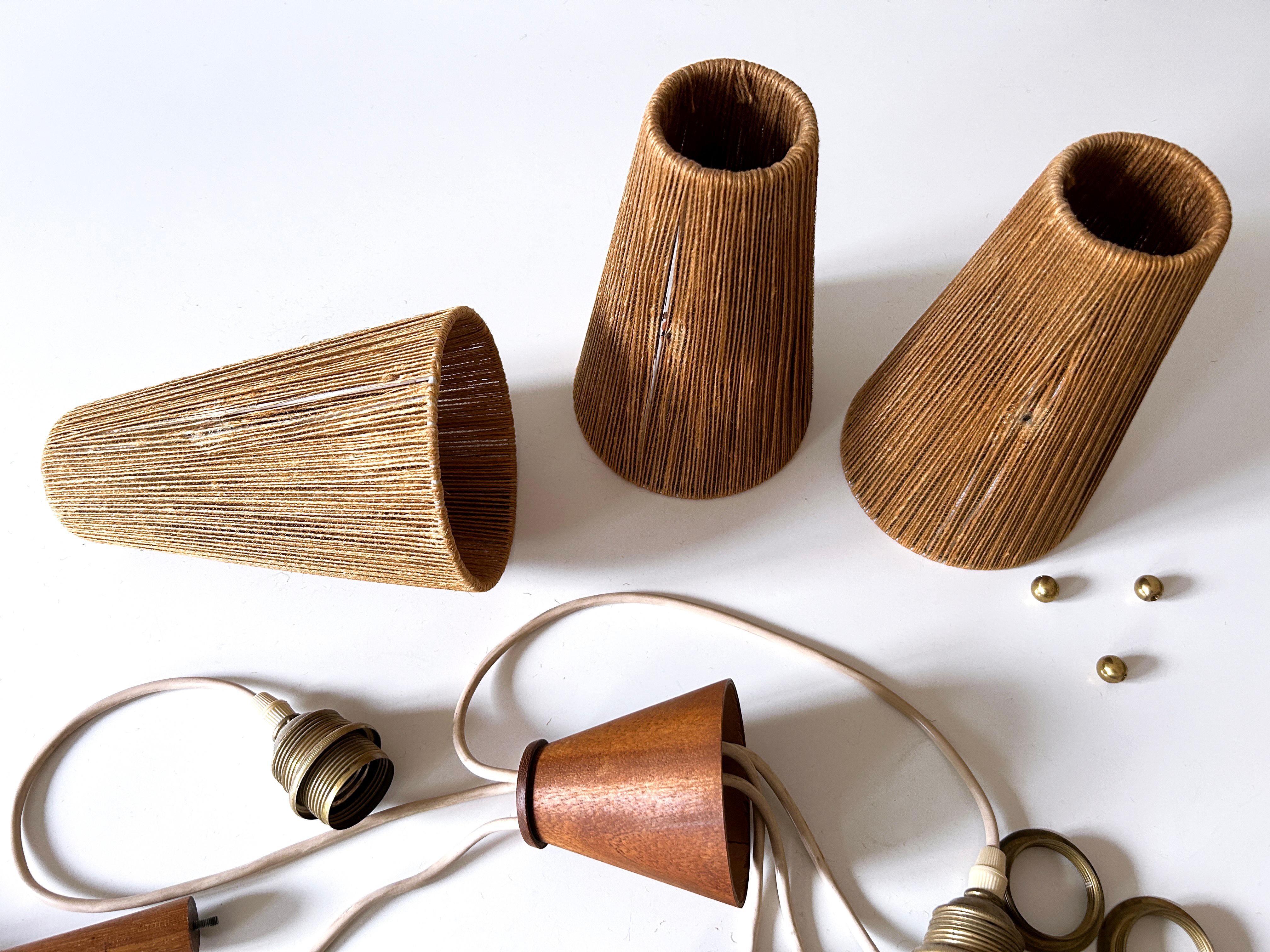 Lampe suspendue ou lustre en sisal et teck du milieu du siècle par Temde Switzerland 1960s en vente 12