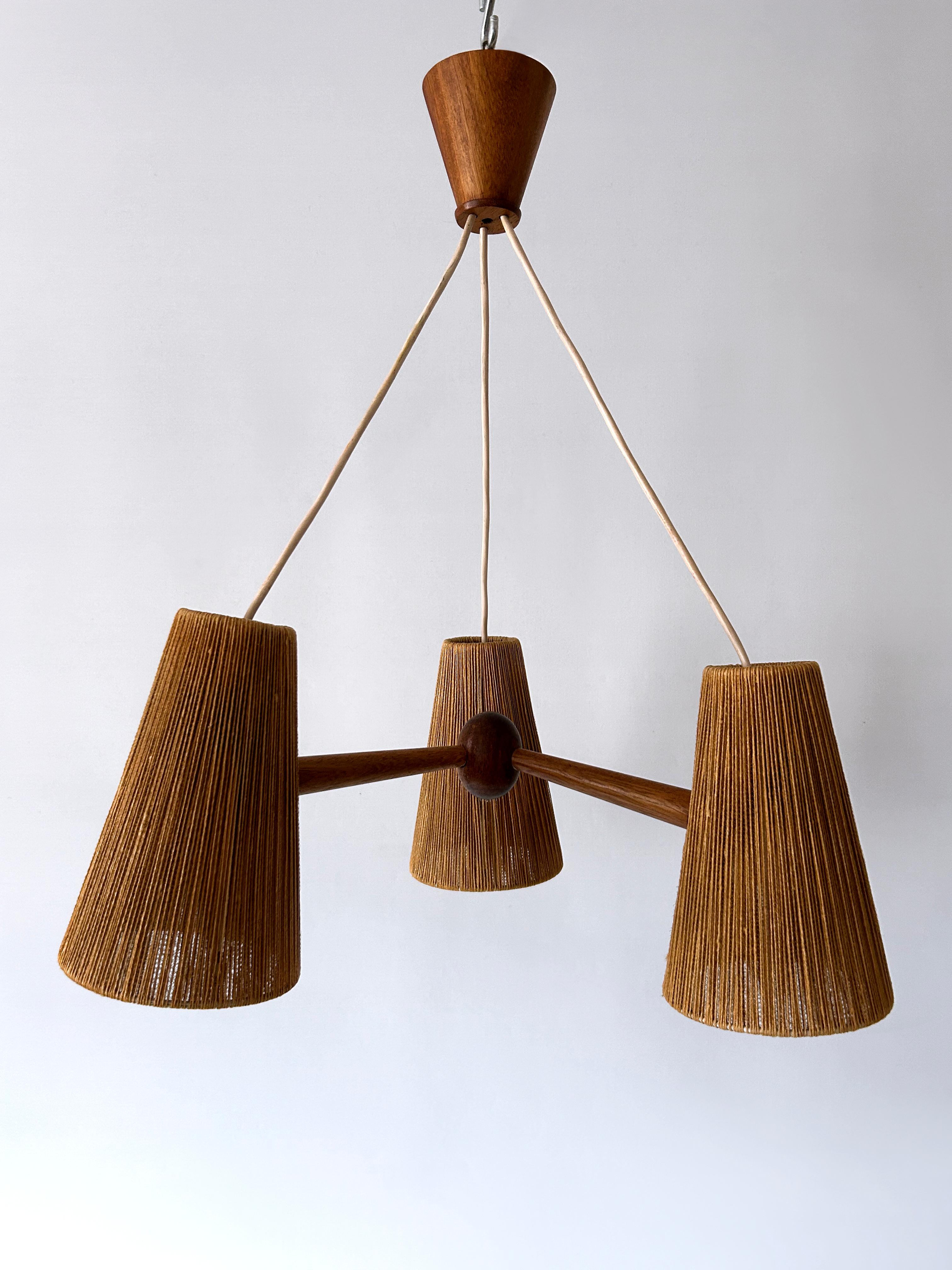 Lampe suspendue ou lustre en sisal et teck du milieu du siècle par Temde Switzerland 1960s en vente 1