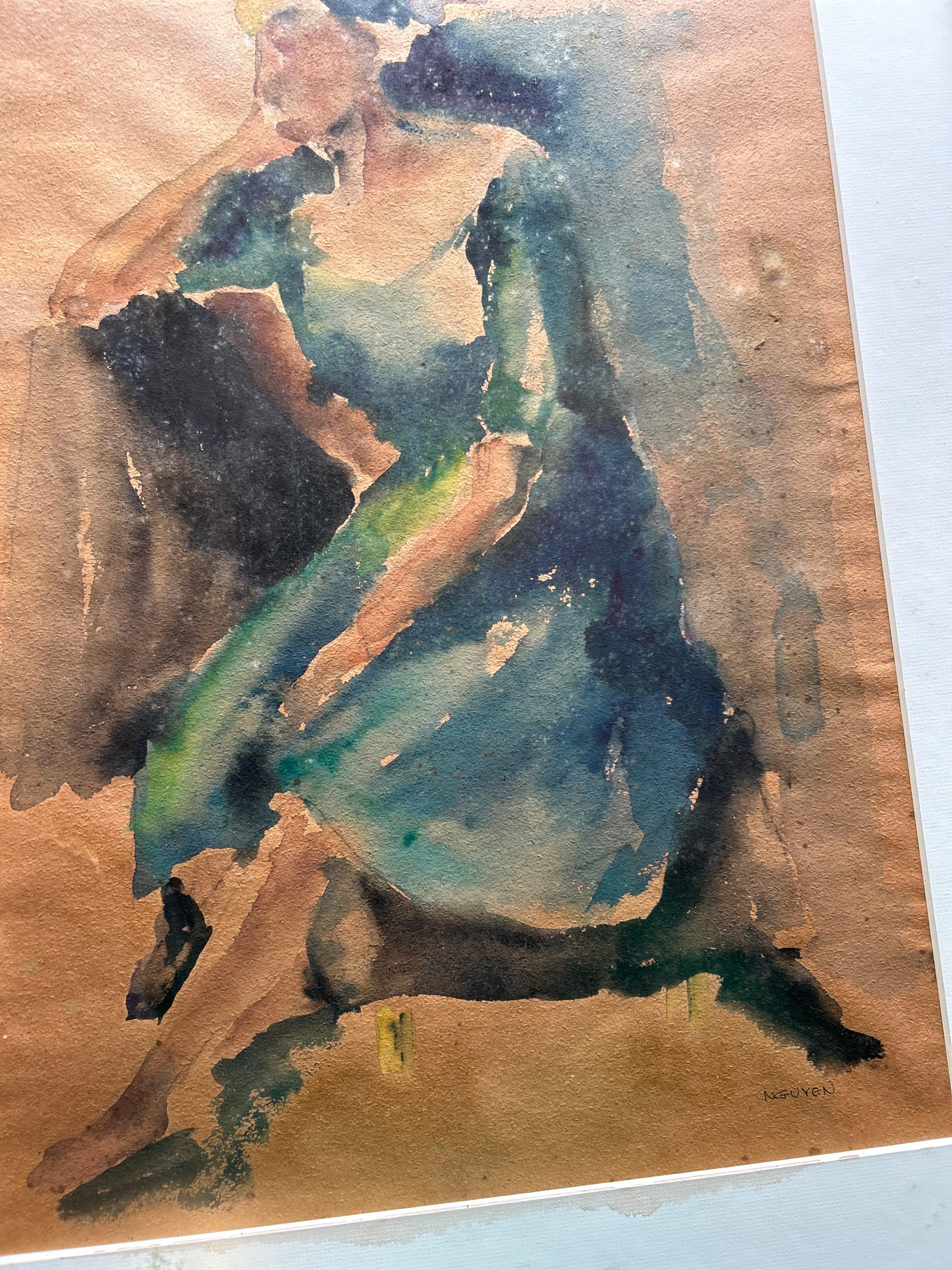 Mid-Century Modern Mid Century Sitting Woman Frames Watercolor Painting