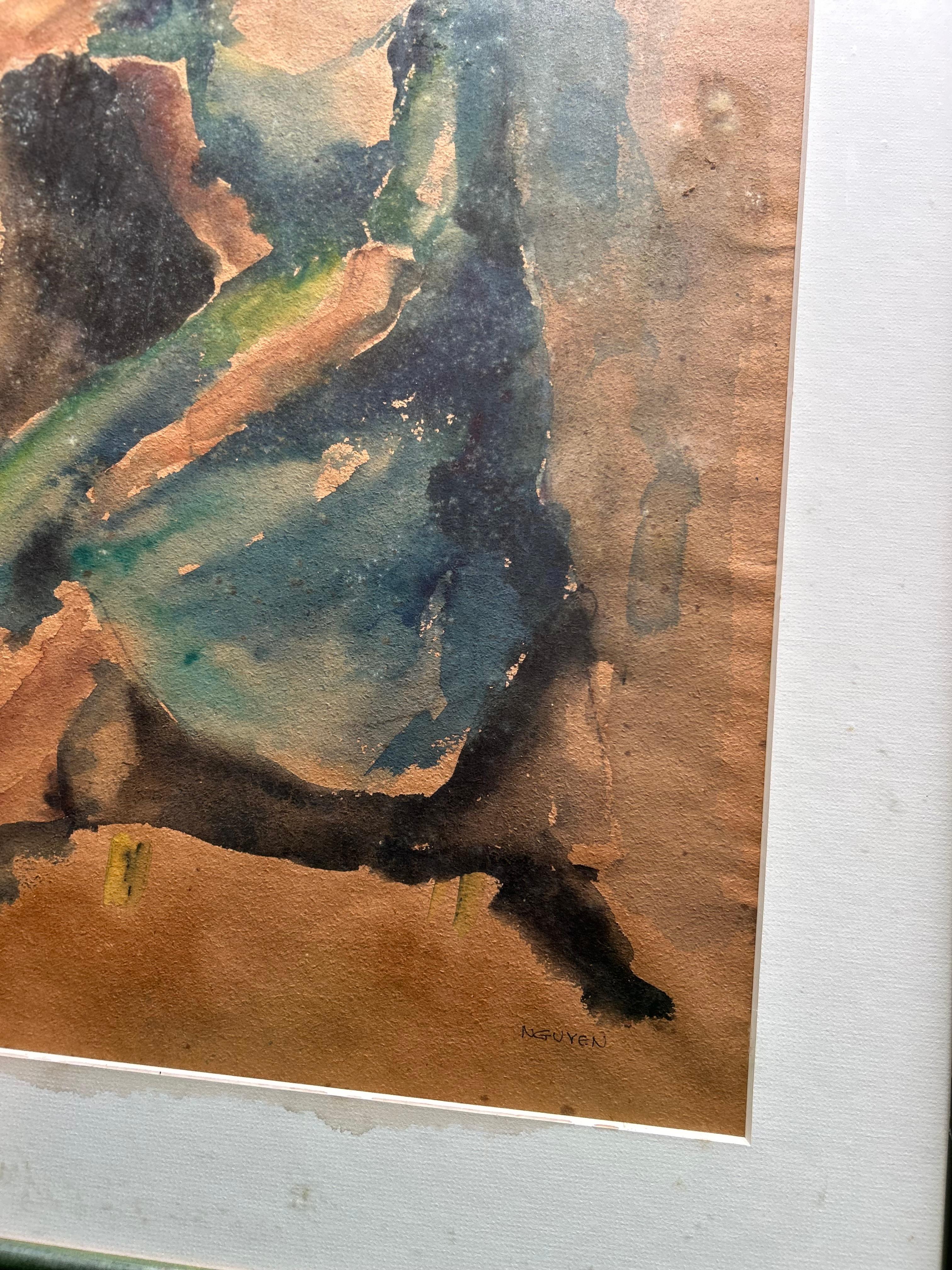 American Mid Century Sitting Woman Frames Watercolor Painting