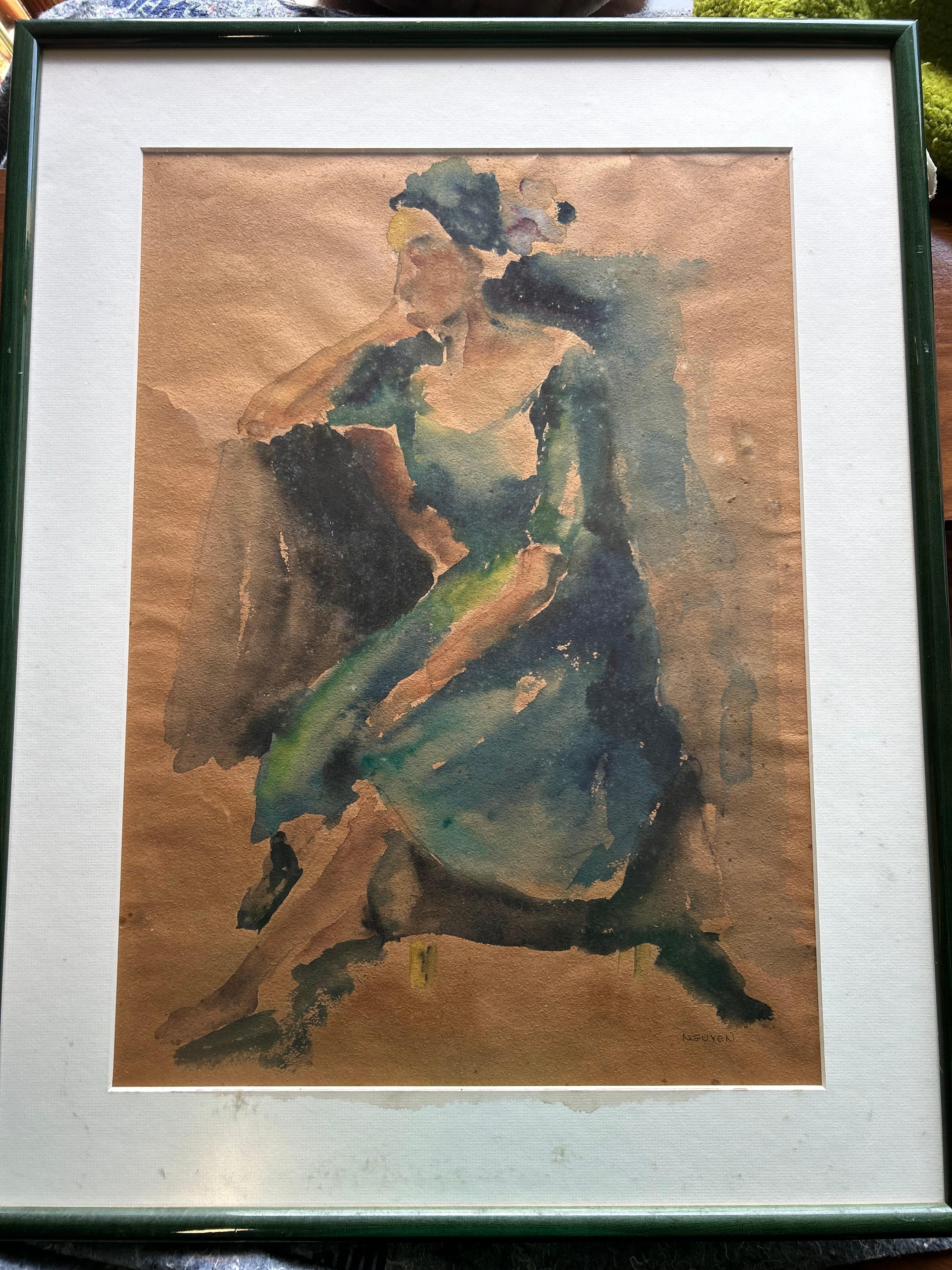 Hand-Painted Mid Century Sitting Woman Frames Watercolor Painting