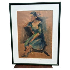 Mid Century Sitting Woman Frames Watercolor Painting