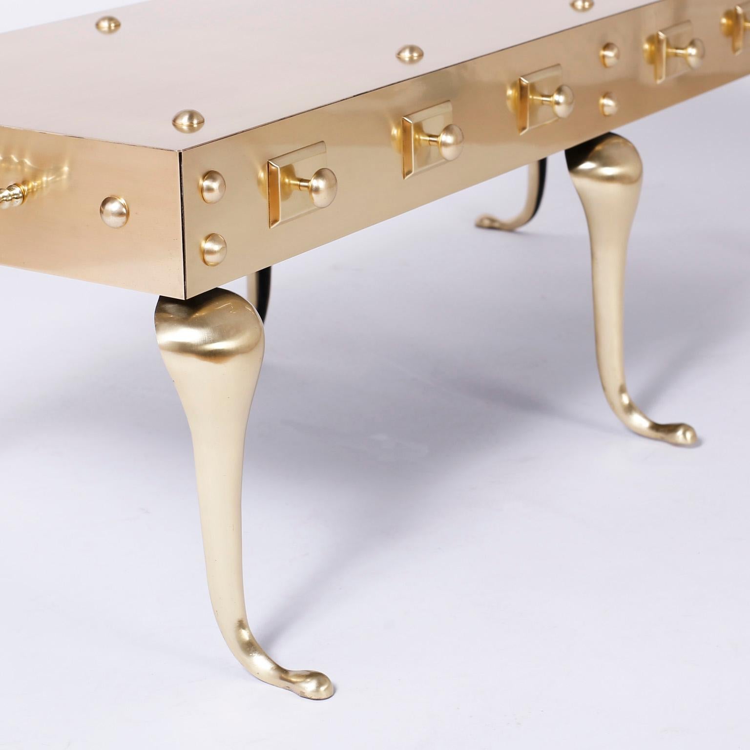 English Midcentury Six Legged Brass Coffee or Cocktail Table For Sale