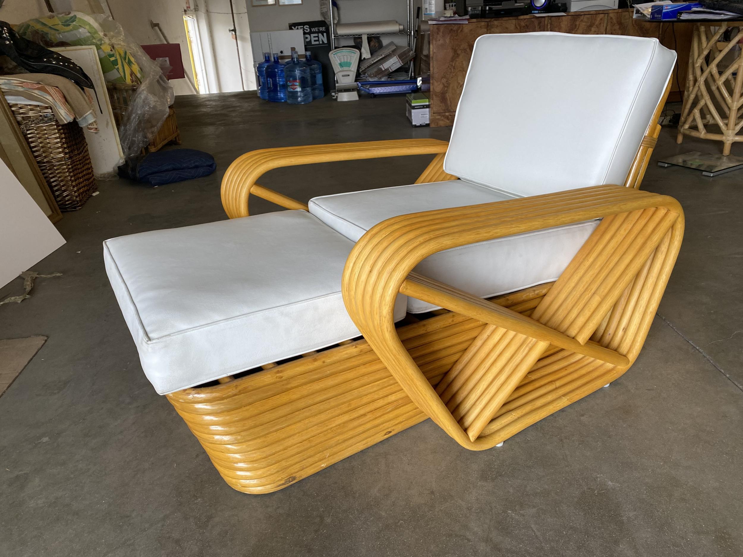 Designed in the manner of Paul Frankl, this six-strand, rattan chaise longue chair features square pretzel arms and a Classic stacked base.

New custom cushions are available C.O.M. 
Also available are original 1950s Spring Cushions restored