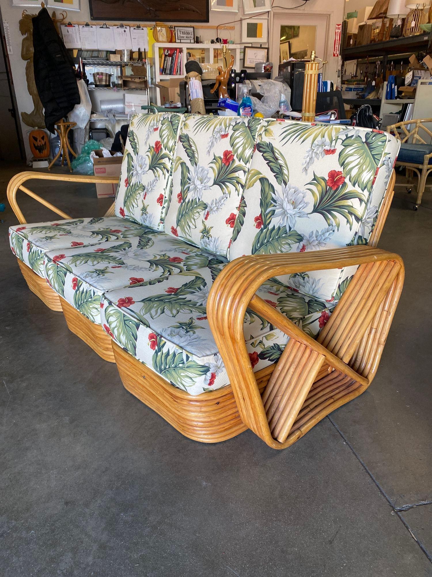 Restored Mid Century Six-Strand Square Pretzel Three-Seat Sectional Sofa In Excellent Condition For Sale In Van Nuys, CA