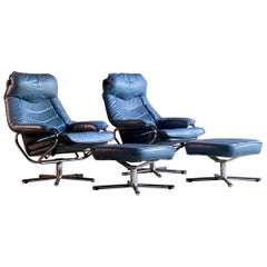 Midcentury Skoghaug Industri Ledersessel & Fußhocker Norwegen:: um 1970