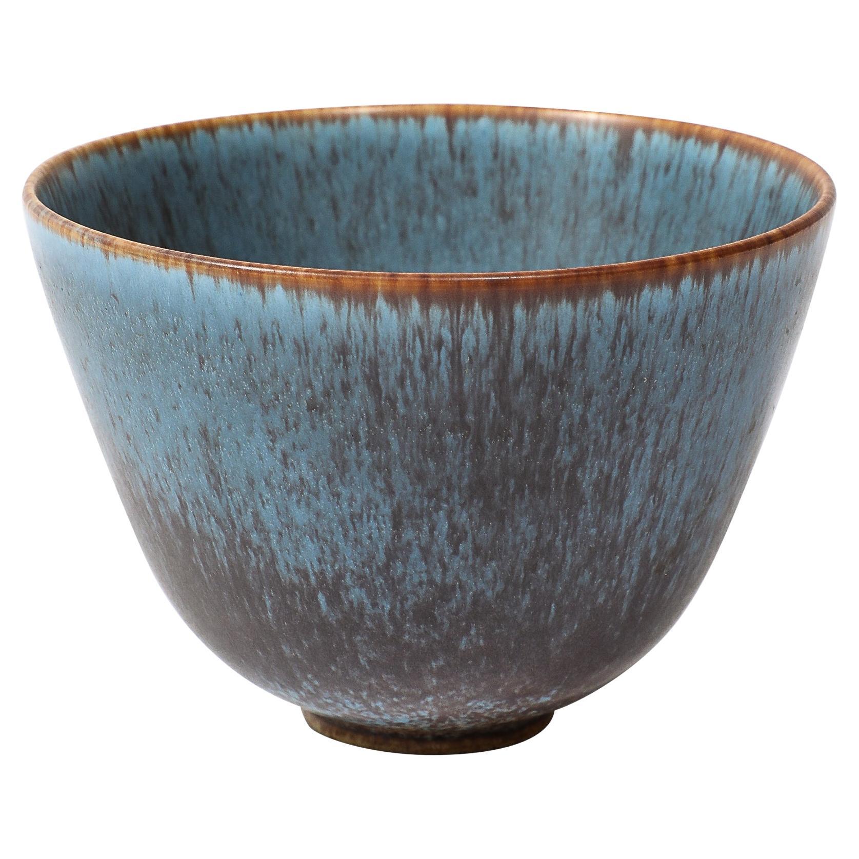 Mid-Century Sky Blue & Copper Glazed Ceramic Bowl by Gunnar Nylund for Rörstrand For Sale