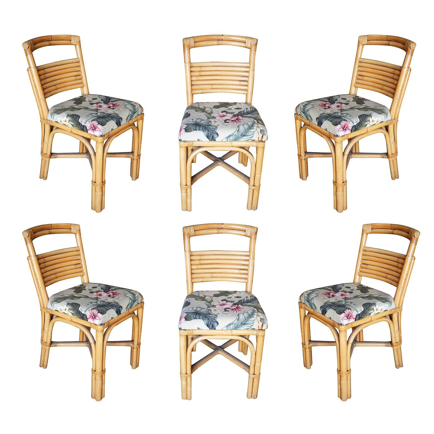 Midcentury "Slat Back" Rattan Dining Side Chair, Set of Six