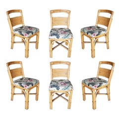 Midcentury "Slat Back" Rattan Dining Side Chair, Set of Six