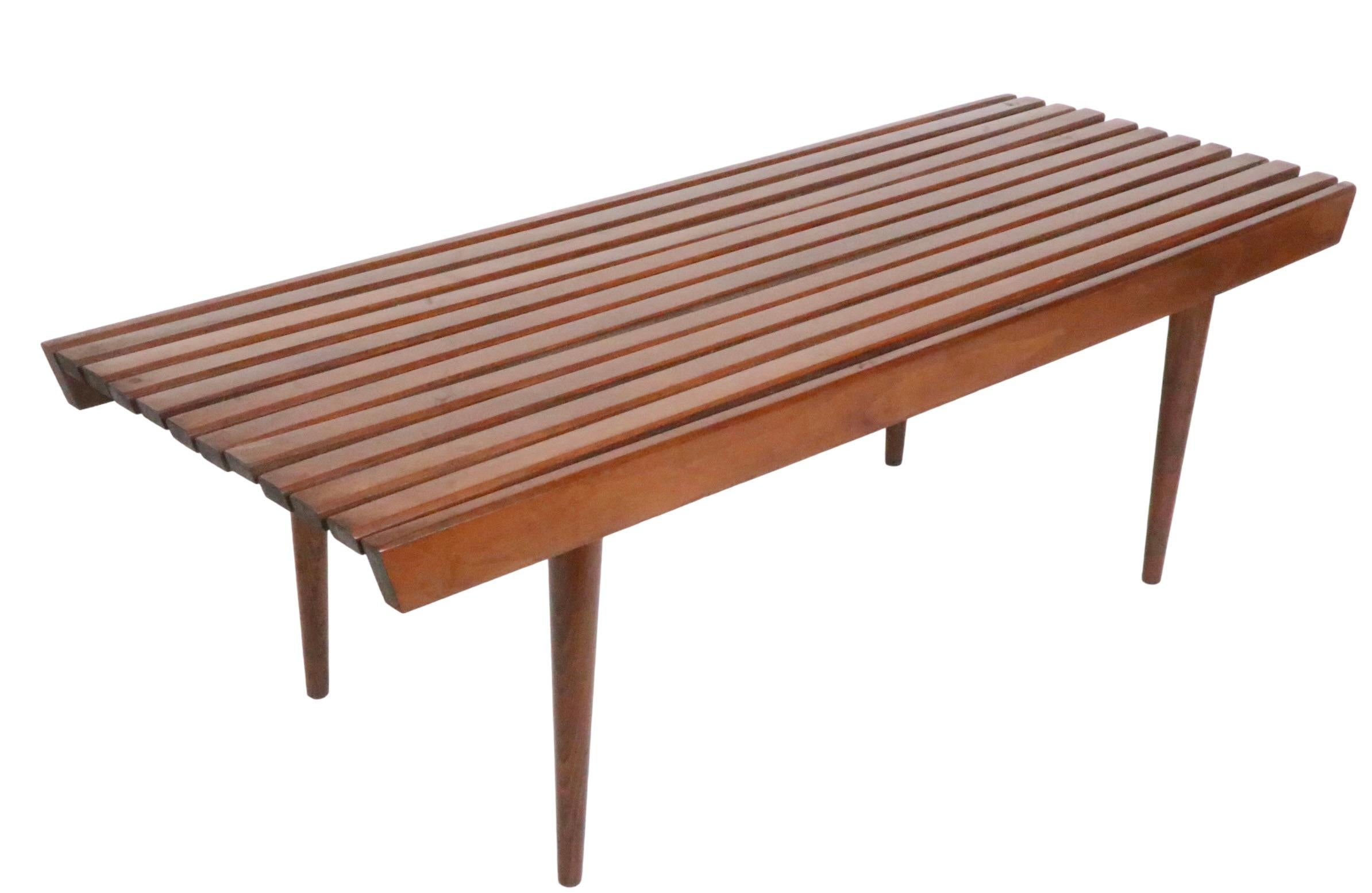 Wood Mid Century Slat Bench Coffee Table Made in Yugoslavia C 1950s For Sale
