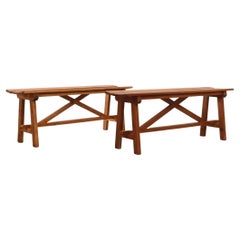 Mid-Century Slat Benches with Crisscross Trestle Bases