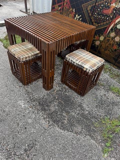 Mid Century Slat Board Dining Table and Stools