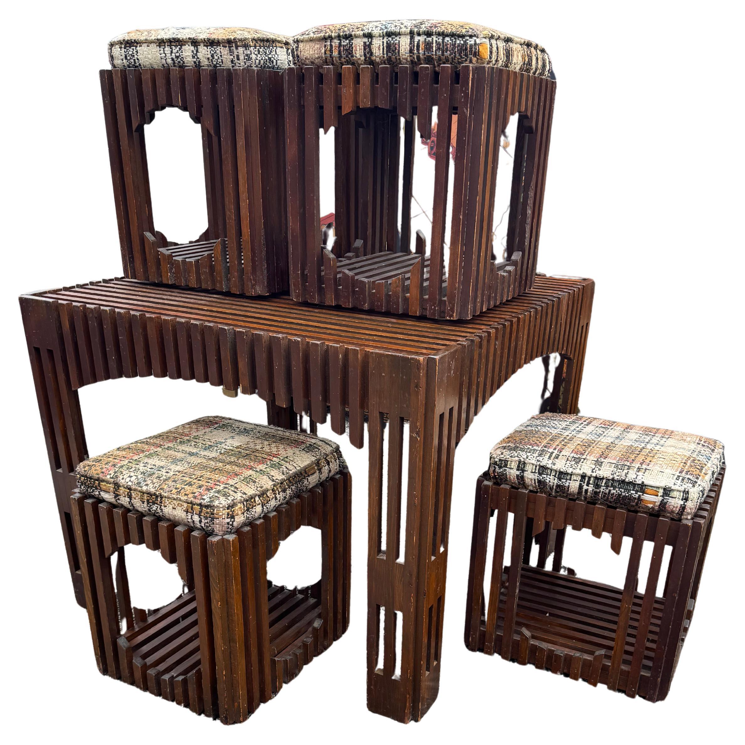 Mid Century Slat Board Dining Table and Stools