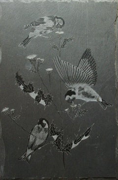 Midcentury Slate Carving - 'Goldfinches on Thistles' - Framed - circa 1960s