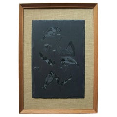 Midcentury Slate Carving - 'Goldfinches on Thistles' - Framed - circa 1960s