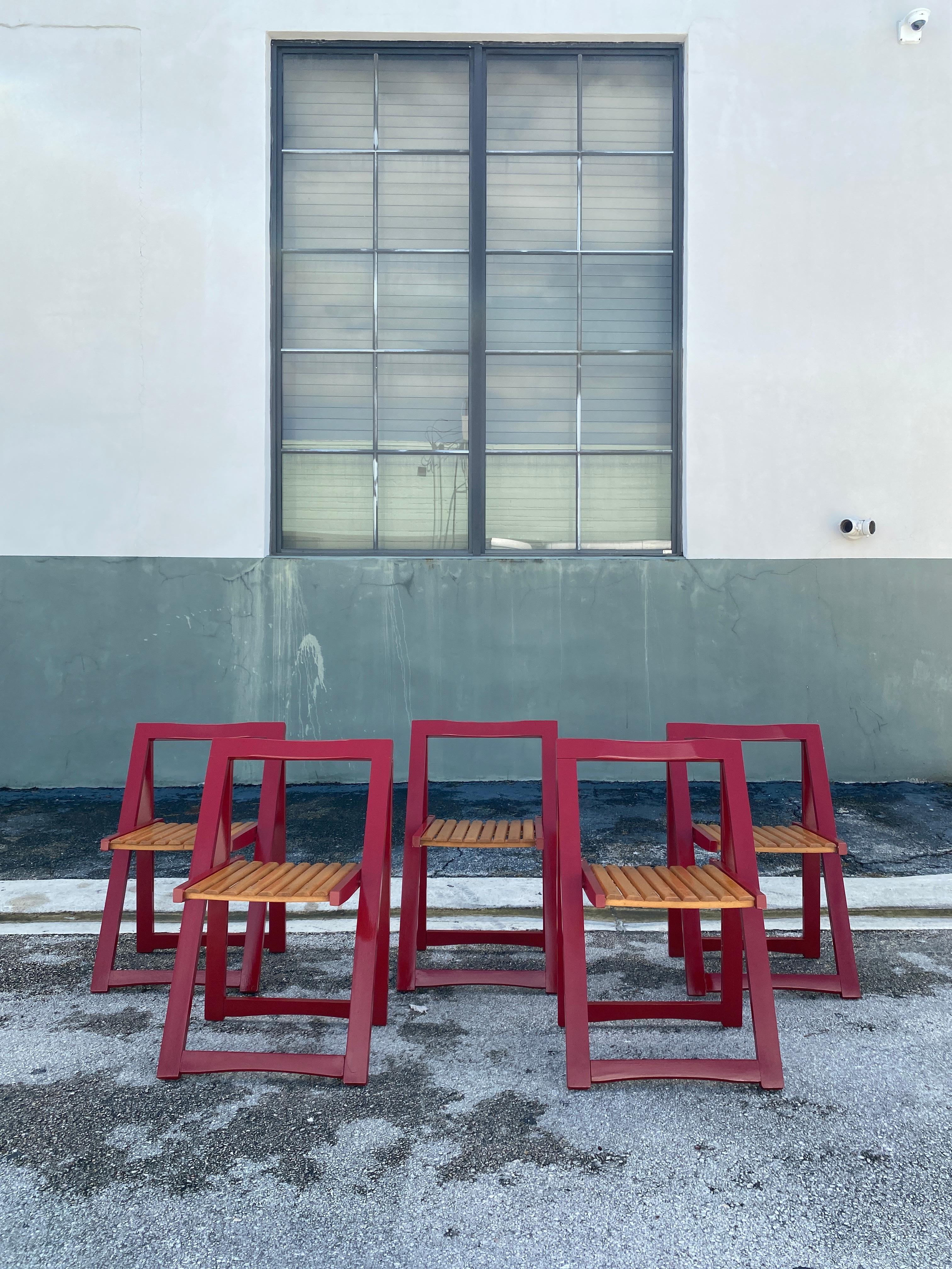 Mid Century Slated Wood Folding Chairs Attributed to Aldo Jacober 1