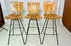 Mid Century Slatted Arthur Umanoff Bar Stools - Set of 3