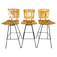 Mid Century Slatted Arthur Umanoff Bar Stools - Set of 3