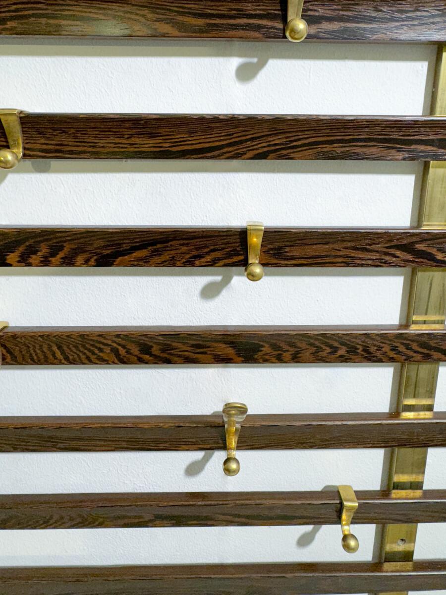 Mid-Century Modern Mid-Century Slatted Coat Rack by Jules Wabbes, Brass Hooks, Belgium, 1950s For Sale