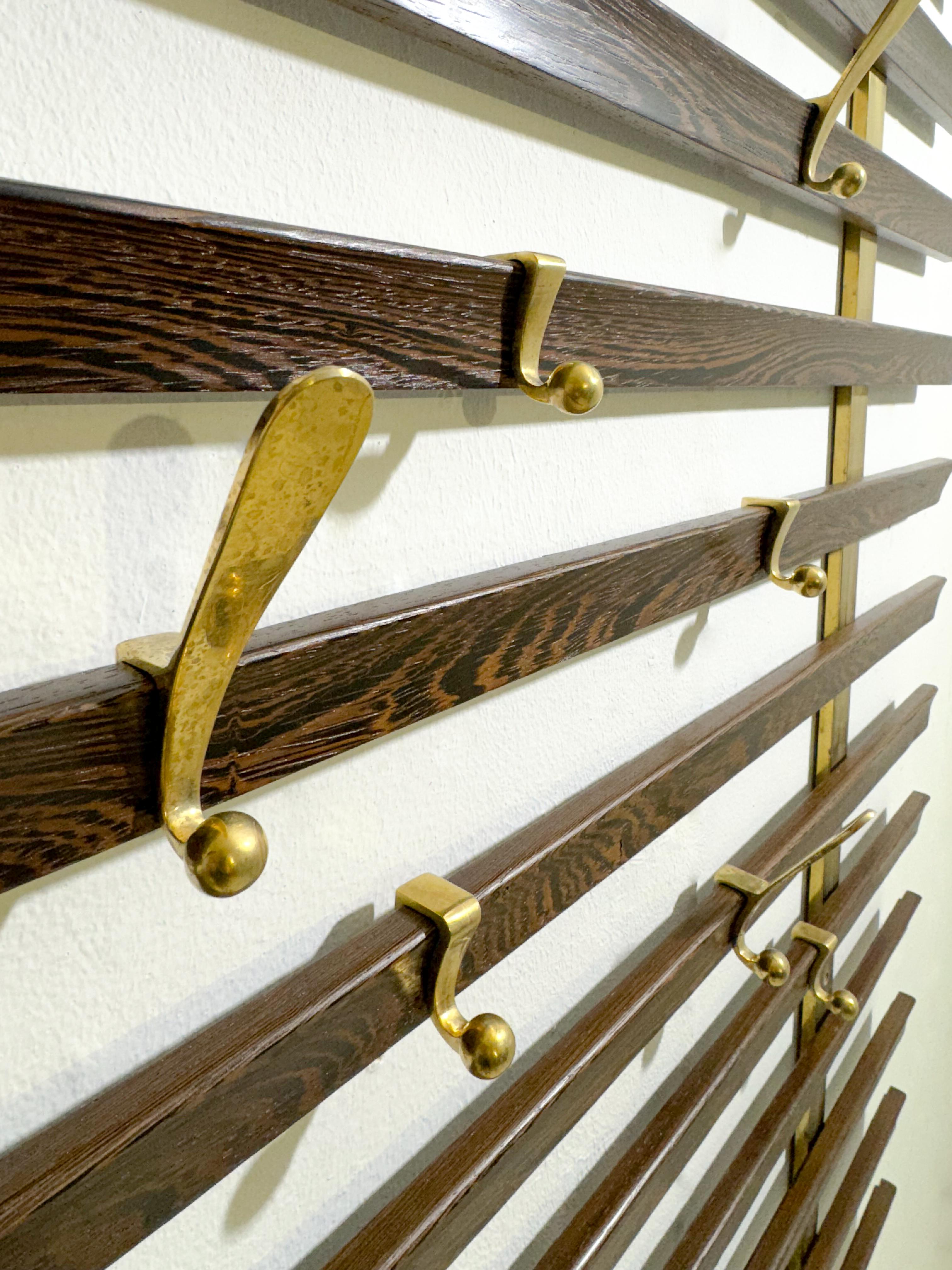 Mid-20th Century Mid-Century Slatted Coat Rack by Jules Wabbes, Brass Hooks, Belgium, 1950s For Sale