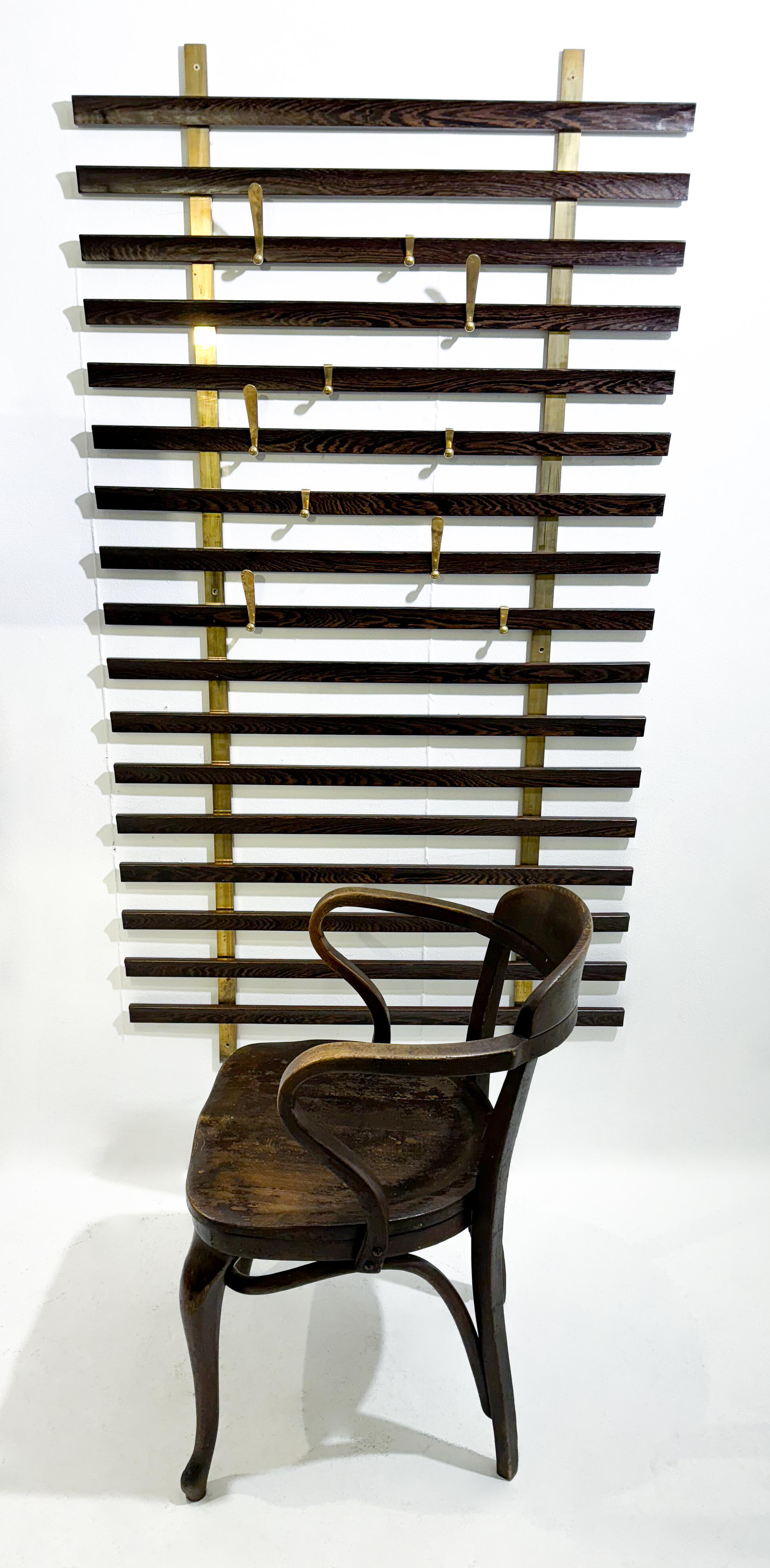 Mid-Century Slatted Coat Rack by Jules Wabbes, Brass Hooks, Belgium, 1950s For Sale 1