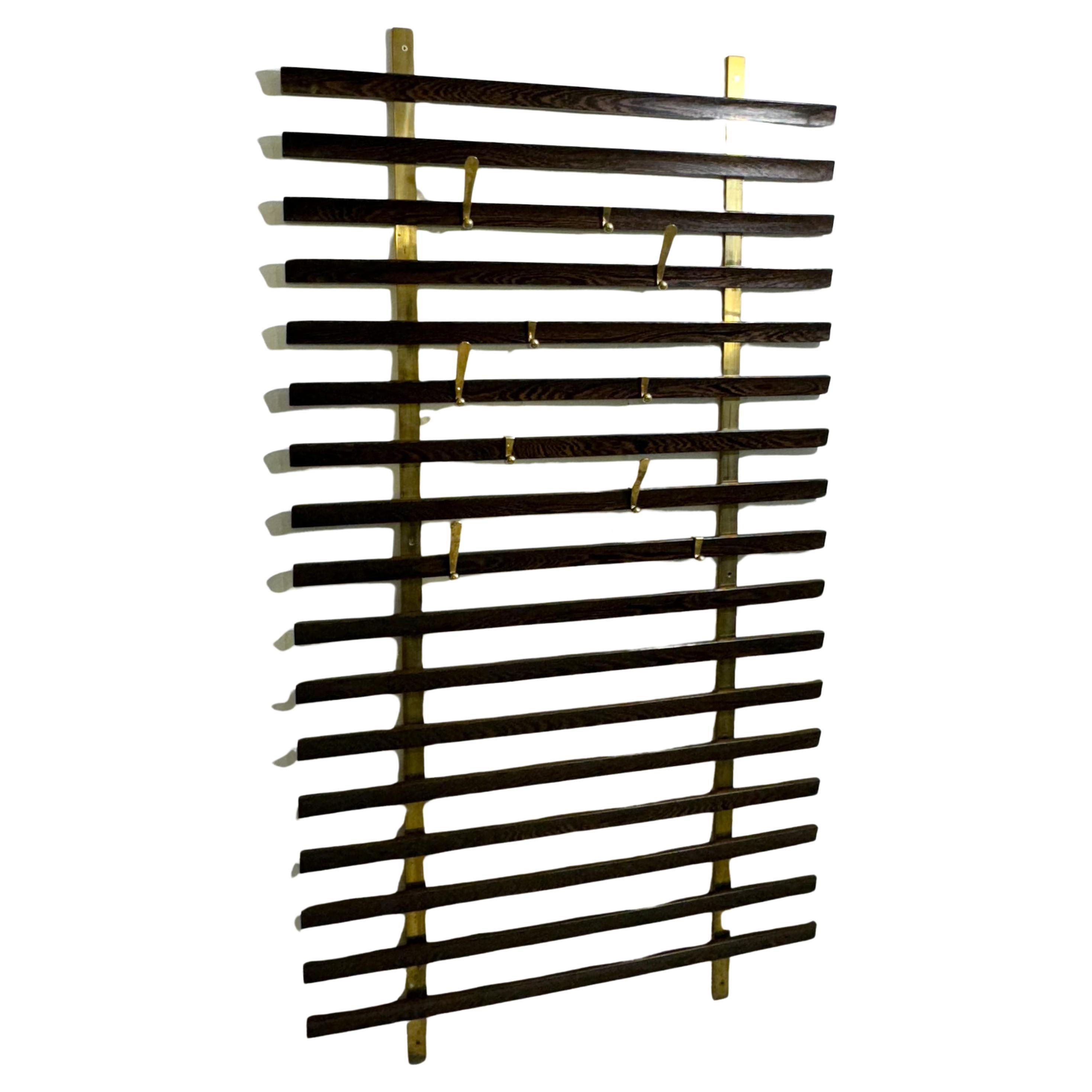 Mid-Century Slatted Coat Rack by Jules Wabbes, Brass Hooks, Belgium, 1950s