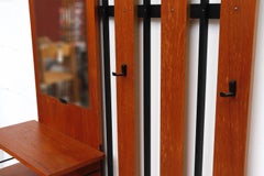 Mid-Century Slatted Entry Coat Rack with Mirror and Shelf