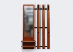 Mid-Century Slatted Entry Coat Rack with Mirror and Shelf