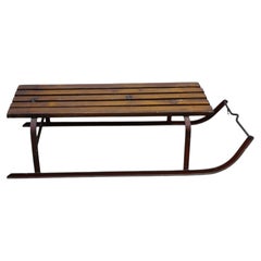 Mid Century Slatted Oak & Iron Snow Sled Sleigh Pull Tow Toboggan Sledge 34"