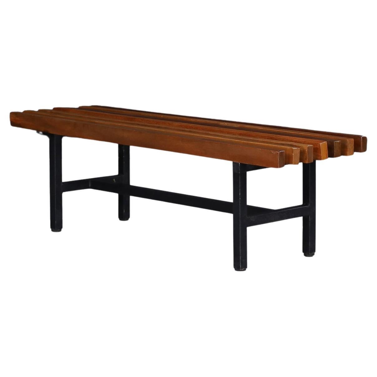 Mid-Century Slatted Teak and Metal Frame Bench, Italy, 1960s Four available. en venta