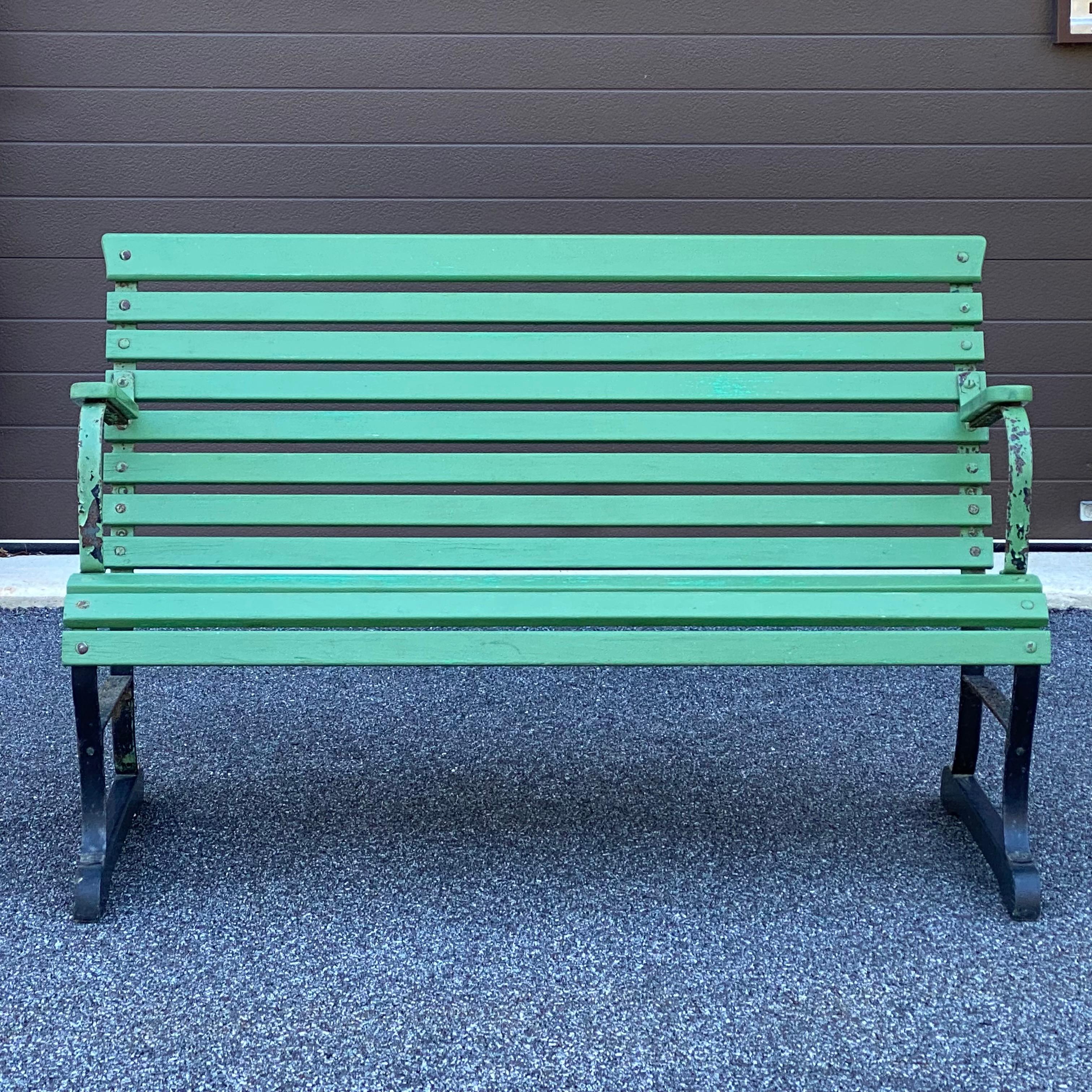 Mid-Century Modern Mid Century Slatted Wood & Iron Park Garden Porch Bench For Sale