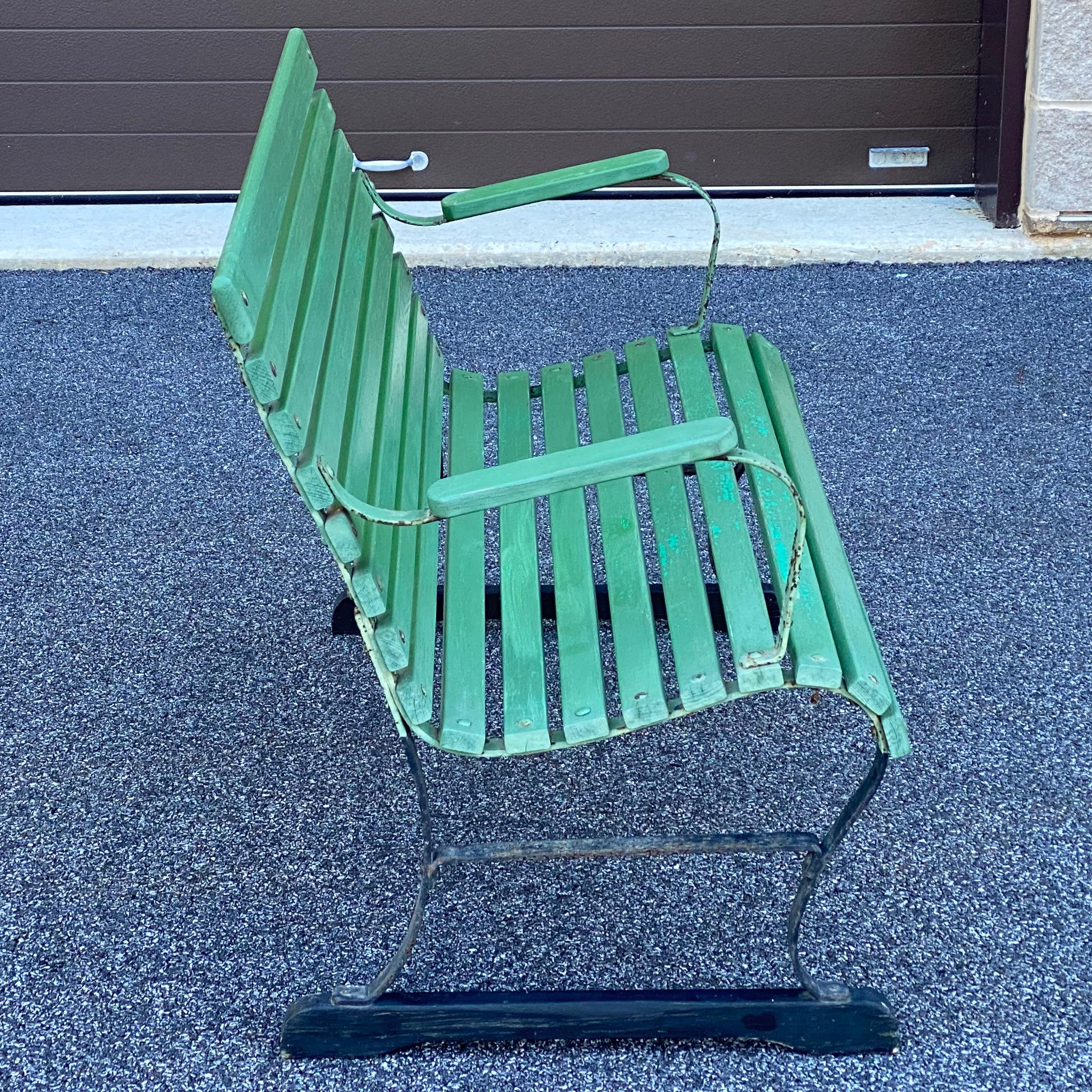 American Mid Century Slatted Wood & Iron Park Garden Porch Bench For Sale