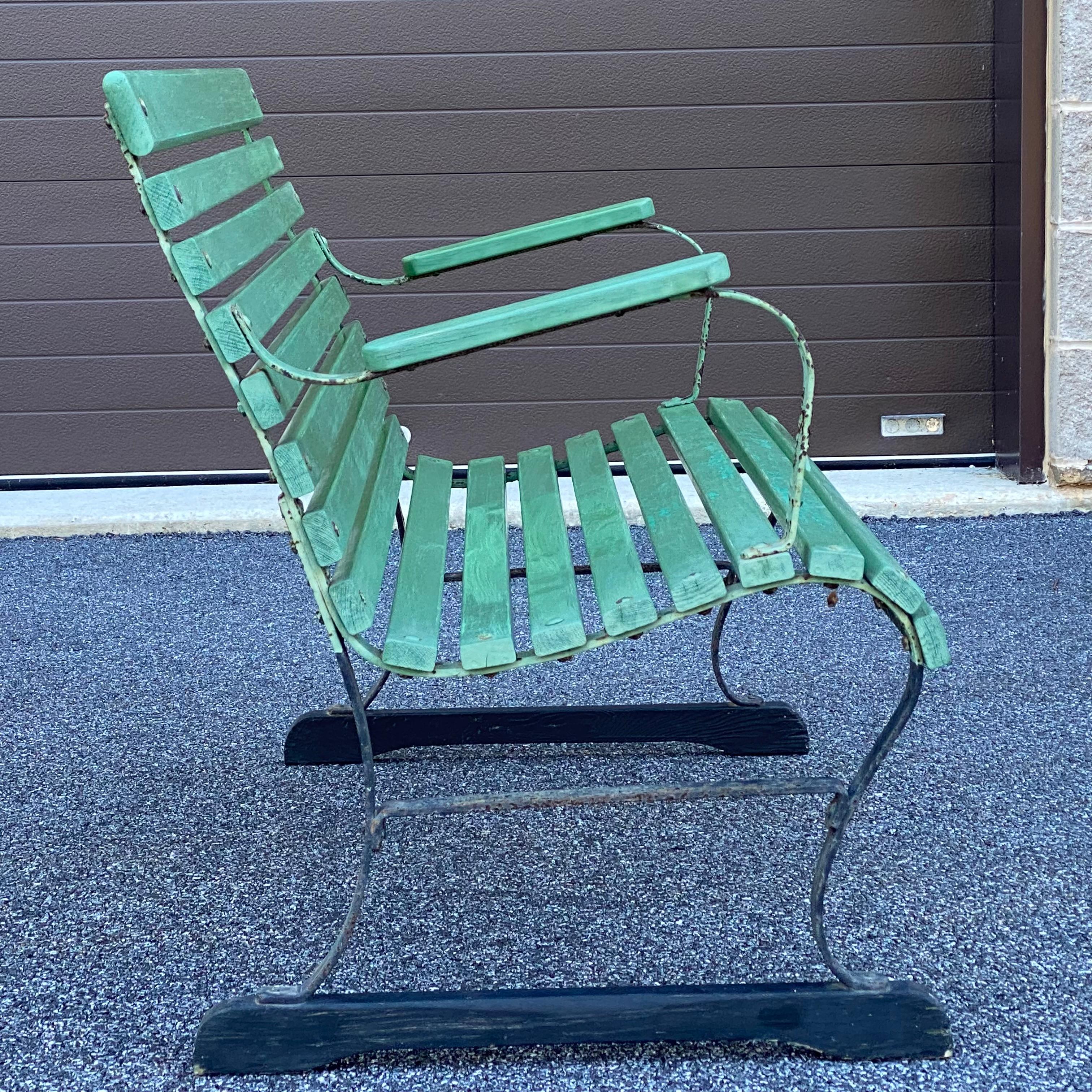 Hand-Crafted Mid Century Slatted Wood & Iron Park Garden Porch Bench For Sale
