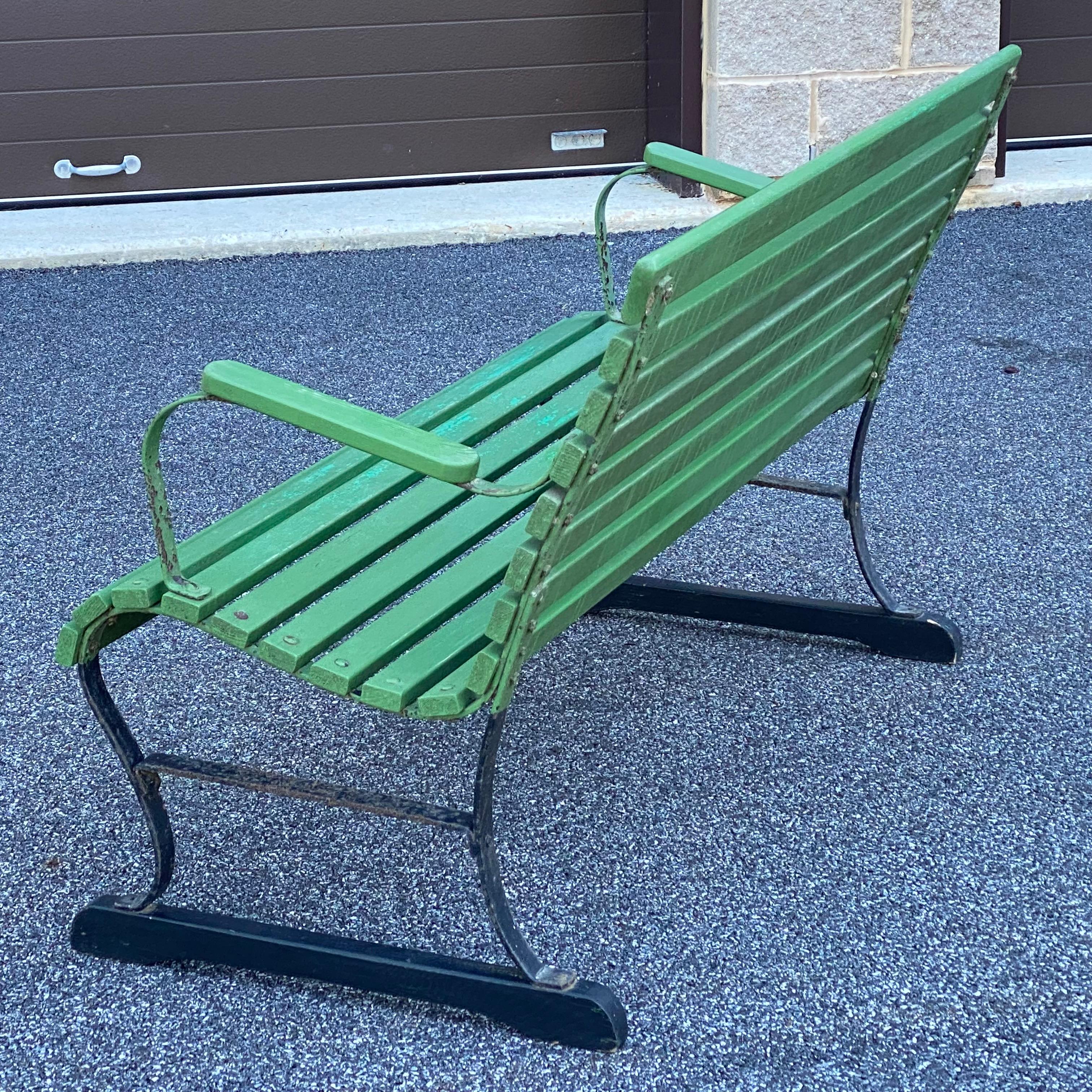 20th Century Mid Century Slatted Wood & Iron Park Garden Porch Bench For Sale